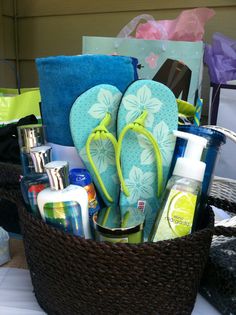 a basket filled with personal care items on top of a table