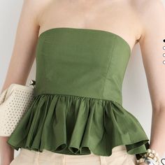 J Crew- Strapless Peplum Top In Stretch Cotton Poplin And Invisible Zipper. Never Worn, With Tags In Great Olive Color! Elegant Cotton Bandeau Tube Top, Cotton Bandeau Top With Ruffles, Fitted Cotton Elegant Tube Top, Green Sleeveless Tube Top For Day Out, Green Tube Top For Day Out, Fitted Elegant Cotton Tube Top, Elegant Fitted Cotton Tube Top, Elegant Cotton Tube Top For Summer, Chic Green Strapless Top