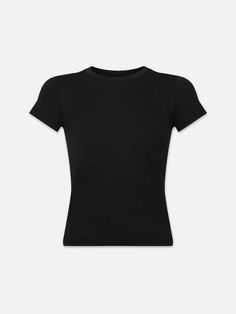 a women's black t - shirt with short sleeves and a round neckline