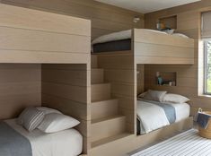 a bedroom with bunk beds and wooden walls