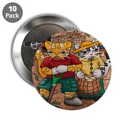 a button with an image of two cats in front of a basket and another cat behind it