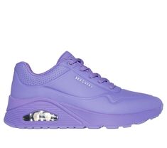 Step out in a fashion favorite with Skechers Street Uno Envy - Pointed Bliss. Updated with a tapered toe that is pointier than the traditional Uno, this lace-up sneaker features a perforated duraleather upper, Skechers Air-Cooled Memory Foam insole, and a Skech-Air visible airbag midsole. | Skechers Women's Uno Envy - Pointed Bliss Sneaker | Medium Width | Skechers Air-Cooled Memory Foam cushioned comfort insole | Skech-Air visible airbag midsole | Perforated duraleather upper | Lace-up fashion Purple Running Sneakers With Arch Support, Sketcher D'lites, Purple Mid-top Sneakers With Cushioned Footbed, Skechers Shape Ups, Purple Non-slip Synthetic Sneakers, Skechers Shoes, 2 Inch Heels, Skechers Women, Purple Fashion