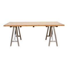 a wooden table with metal legs on a white background