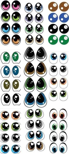 an assortment of different colored eyeballs in various shapes and sizes, all on white background