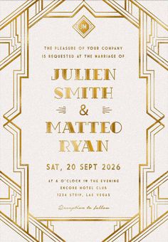 an art deco wedding card with gold foil