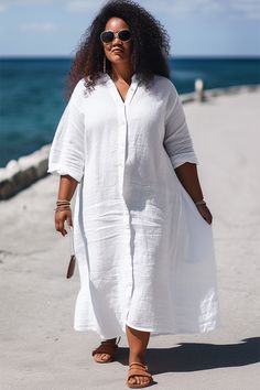 Xpluswear Design Plus Size White Beach Single Breasted Long Sleeve Shirtdress Linen Midi Dress Linen Dresses Plus Size Summer, White Party Dresses For Women, Plus Size Cruise Wear, Plus Size Linen Outfits, Over 60 Fashion Summer, Plus Size Resort Wear Outfits, Plus Size Travel Outfits, Modest Beach Wear, Plus Size Summer Outfits Big Stomach