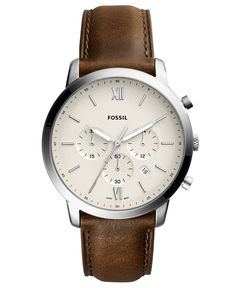 An uncomplicated aesthetic distinguishes the cream dial and smooth stainless steel case of this architecturally-inspired Neutra chronograph watch from Fossil. Style #FS5380 Fossil Watches For Men, Brown Leather Strap Watch, Timeless Watches, Swiss Army Watches, Brown Watches, Brown Leather Watch, Mens Chronograph, Fossil Watch, Chronograph Watch Men