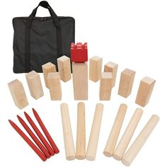 the wooden pegs are lined up with red handles and carrying case next to them