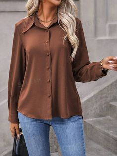 Style:Casual \nDetails:Button \nType:Shirt \nSleeve Type:Regular Sleeve \nNeckline:Shirt Collar \nColor:Coffee Brown \nPattern Type:Plain \nSleeve Length:Long Sleeve \nLength:Regular \nFit Type:Regular Fit \nFabric:Non-Stretch \nMaterial:Woven Fabric \nComposition:100% Polyester \nCare Instructions:Machine wash or professional dry clean \nSheer:No \n Women Blouses, Satin Top, Spring Shirts, Button Front Shirt, New Wardrobe, Casual Shirt, Shirt Collar, Long Sleeve Casual, Autumn Summer