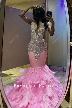 Pink Ostrich Feathers Mermaid V-neck Crystals Prom Dress Pink And Silver Prom Dress, Ostrich Feather Dress, Pink Ostrich Feathers, Pink Prom Dresses Mermaid, Wedding Dress With Feathers, Crystal Prom Dress, Silver Prom Dress, Custom Made Prom Dress, Grey Prom Dress