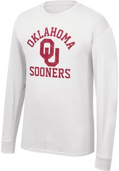 Show off your team pride in this Oklahoma Sooners White Number One Long Sleeve T Shirt! This Oklahoma Long Sleeve Tee features a screen print Oklahoma arched over team logo with Sooners below. Make sure everyone knows you root for the Sooners with this White Oklahoma T Shirt. Boomer Sooner! Cotton Tops With Screen Print For Sports Events, Varsity Style Cotton Top With Screen Print, Athletic Heather Fan Apparel Top With Graphic Print, Cotton Tops With Letter Print For Fan Gear, Cotton Letter Print Tops For Sports Events, Cotton Tops With Text Print For Game Day, Cotton Tops With Letter Print For Sports Events, Cotton Text Print Tops For Game Day, Collegiate Tops With Text Print For Sports Events