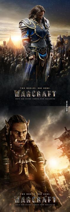 the poster for warcraft is shown in two different colors