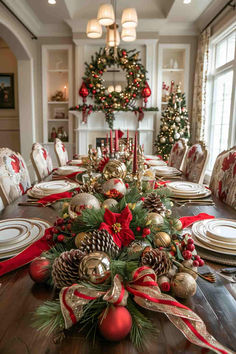 50 Christmas Centerpiece Ideas to Inspire Your Holiday Table White And Red Christmas Table Decor, Christmas Set Up Ideas, Buffalo Check Christmas Decor Ideas, Christmas Center Table Ideas, Large Christmas Table Centerpieces, Red Christmas Dining Table Decor, Decorating Dining Table For Christmas, Christmas Formal Dining Table Decor, Christmas Table Garland Ideas