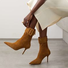 Elevate your style with these chic and versatile boots that effortlessly blend sophistication and trendiness. Crafted with high-quality suede material, they offer a luxurious feel and durability. The pointed-toe design adds a touch of elegance, while the stiletto heels provide a flattering lift. Perfect for any occasion, these ankle boots can be dressed up or down, making them a go-to choice for both casual outings and formal events. Step out in confidence and make a fashionable statement with t Red Carpet Party, Formal Heels, Cowboy Shoes, Dance Heels, Yellow Heels, Shoes Boots Ankle, Suede Boots Knee High, Heel Ankle Boots, Brown Heels