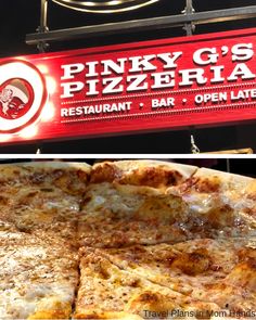 the sign for pinky g's pizzaria is lit up