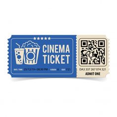 a ticket for cinema with a drink and barcodeine on the front, in blue