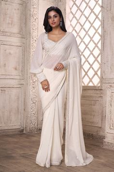 Buy Off White Saree Viscose Georgette Border With Bishop Sleeve Blouse For Women by Aariyana Couture Online at Aza Fashions. White Saree Blouse, Off White Saree, Bishop Sleeve Blouse, Saree Jackets, Saree Ideas, Sarees For Girls, Full Sleeve Blouse, Fancy Sarees Party Wear, Simple Sarees