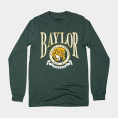 Though it would be pretty cool, Baylor University’s seal isn’t actually a bear holding a football. This “seal” is actually a recreation from a vintage pennant we found, and we added some more collegiate flourishes to give a nod to vintage college apparel and merch of yore. Brought to you in partnership with College Vault. Vintage College Shirts, Football Crest, Baylor Football, Grace Shirts, College Apparel, Baylor University, Vintage College, College Shirts, Identity Design Logo