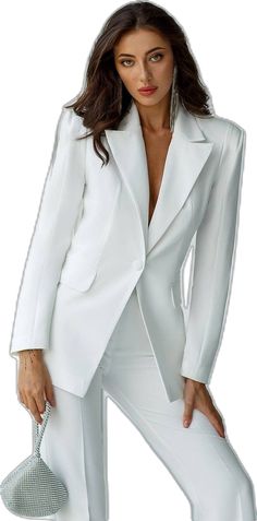 White Long Sleeve Pantsuit For Fall, White Suits With Pockets For Office, White Office Suits With Pockets, White Long Sleeve Semi-formal Pantsuit, White Notched Blazer For Office, White Long Sleeve Pantsuit For Semi-formal Occasions, White Fitted Pantsuit With Suit Collar, White Fitted Long Sleeve Pantsuit, White Pantsuit With Pockets