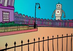 a drawing of a robot standing in front of a fence with a building behind it