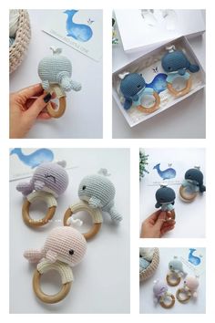 several photos of stuffed animals being held by hands