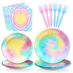 tie - dyed paper plates, forks and napkins on white background