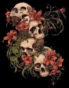 three skulls with flowers on their heads