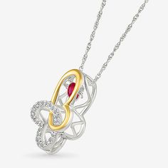 Jewelry Closure: Spring Ring ClaspSetting: ProngShape: ButterflyStone Cut: RoundStone Millimeter Measurement: 4 Mm LengthMetal Color: Two ToneChain Length: 18 InchChain Width: .7 MillimetersPendant Length: 19mmPendant Width: 15mmChain Construction: RopeCare: Wipe CleanStone Type: 22 Lab Created Sapphire, 1 Lab Created RubyAuthenticity: Lab Created StoneBirthstone: July BirthstoneMetal: Sterling Silver, 10k GoldNecklace Type: Pendant NecklacesPendant & Charms Type: PendantsCountry of Origin: Impo Red Diamond Heart Pendant Jewelry, Ruby Heart Pendant Jewelry For Anniversary, Red Heart Pendant Jewelry With Diamond Accents, Red Heart Pendant Necklace With Diamond Accents, White Ruby Necklace Perfect For Gifts, Red Necklaces With Diamond Accents For Valentine's Day, White Ruby Necklace For Gift, Valentine's Day Red Necklace With Diamond Accents, Red Pendant Necklace With Diamond Accents