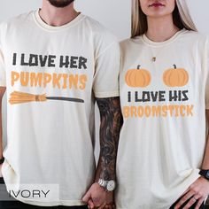 I Love Her Pumpkins Shirt, I Love His Broomstick Shirt, Couple Halloween Shirt, Funny Matching Halloween T-Shirt, Couple Halloween Party Tee Premium Quality Printed in the USA. HOW TO ORDER ----------------------- 1-) Check and Review all Photos. 2-) Select Your T-Shirt Size from drop down menu. 3-) Choose Your Quantity you want. 4-) Click ADD TO CART. And, you can go back to add more product for your family members or You can complete the checkout process. 5-) Please Click "Proceed to Check Out" 6-) Your order will be ready to ship 2-5 Business Day. ABOUT US --------------- We are a husband-and-wife team who believe that beauty is all around us, and we strive to capture it in our designs. Thank you for choosing to shop with us, and we hope you find something that inspires you! For custom His And Hers T Shirts, Halloween Couple Shirts, Funny Couple Shirts, T Shirt Couple, Halloween Couple, Funny Matching, Matching Halloween, Pumpkin Shirt, Couple Halloween