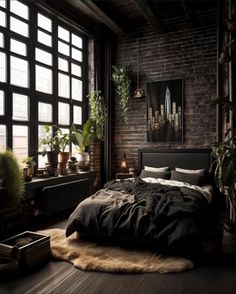 a bedroom with brick walls and lots of plants on the floor, along with a large bed