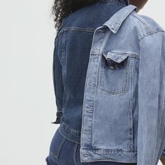 The Modern Jean Jacket – Everlane Medium Wash Recycled Denim Jacket For Work, Casual Blue Denim Jacket With Contrast Stitching, Denim Outerwear With Contrast Stitching For Fall, Recycled Denim Work Outerwear With Patch Pockets, Classic Denim Jacket With Pockets In Recycled Denim, Trendy Dark Wash Denim Jacket With Patch Pockets, Trendy Recycled Denim Outerwear With Pockets, Fall Denim Outerwear With Contrast Stitching, Fitted Denim Jacket With Contrast Stitching And Long Sleeves