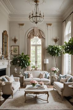 a living room filled with lots of furniture and flowers on top of a coffee table