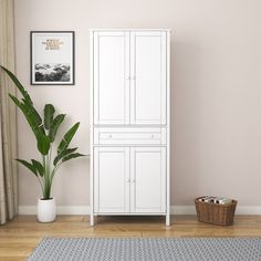 a white cabinet next to a potted plant in the corner of a living room