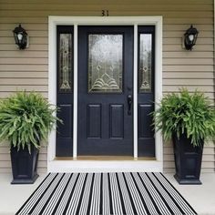 two potted plants sit on the front porch next to a black and white striped rug