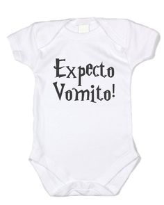 a white bodysuit with black writing that says expecto yomito on it