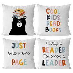 three pillows with different designs on them, one has a bear and the other has a book