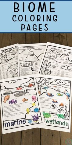 four coloring pages with marine animals on them and the words, biome coloring pages