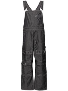 navy blue denim contrast stitching square neck buckle-embellished shoulder straps sleeveless two chest patch pockets classic five pockets multiple cargo pockets straight leg straight hem City Shorts, Versace Outfit, Junya Watanabe, Balenciaga Triple S, Summer Beach Wear, Short Suit, Denim Overalls, Derby Shoes, Espadrille Shoes