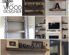 several different pictures of shelves and fireplaces with the words the wood designer above them