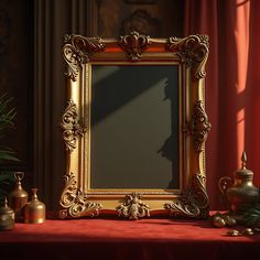 an ornate gold frame sitting on top of a red table