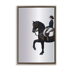 a painting of a woman riding a horse on a silver background with a brown frame