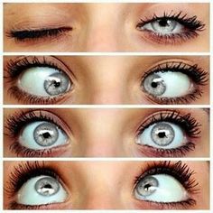 four different views of the eyes of a woman with long lashes and eyeliners