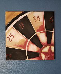 a painting of a dart with numbers on the front and side of it, hanging on a wall