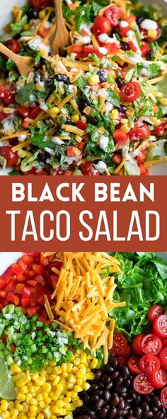 black bean taco salad with peppers, tomato, corn, beans, cheese, and scallions Black Bean Taco Salad, Bean Taco Salad, Creamy Salsa Dressing, Salsa Dressing, Creamy Salsa, Black Bean Tacos, Bean Tacos, Fresh Salad Recipes, Salad Pasta