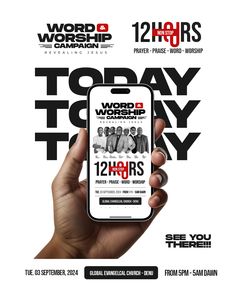 a person holding up a cell phone in front of a white background with the words word worship