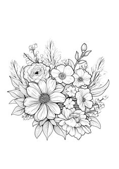 a black and white drawing of flowers