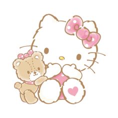 a hello kitty holding a teddy bear with hearts on it's chest and wearing a pink bow