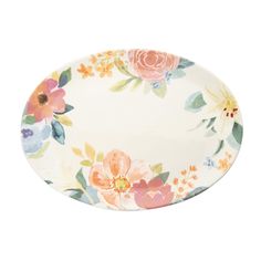 an oval platter with flowers painted on the front and sides, in pastel colors