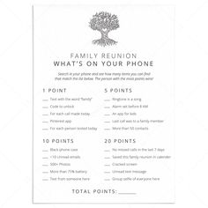 Family Reunion Whats On Your Phone Party Game Printable by LittleSizzle Family Reunion Themes African American, Whats On Your Phone, What's On Your Phone Game, Family Reunion Themes, Family Reunion Activities, Minimalist Family, Reunion Games, Family Reunion Games, Purse Game