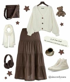 Clothes Brown Aesthetic, Aesthetic Clothes Skirts, Modest Aesthetic Outfits, Brown Sweater Outfit, Vintage Aesthetic Grunge, Cute Vintage Aesthetic, Brown Skirt Outfit, Grunge Romantic, Muslimah Fashion Casual